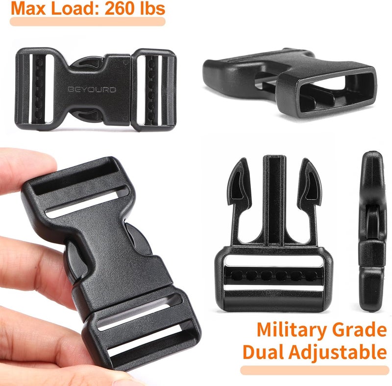 BEYOURD Heavy-Duty Buckles and Strap Set 1-1/4": 6 Yards of Thick Nylon Webbing, 6-Pack Adjustable Quick Side Release Plastic Buckles, 12 Tri-Glide Slide Clips, Black (1 1/4 Inch Combo Set) - Image 3